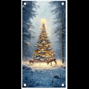 Tuinposter 30x60 cm - Tuindecoratie Kerstlicht - Woud - Hert - Donker - Poster voor in de tuin - Buiten decoratie - Schutting tuinschilderij - Tuindoek muurdecoratie - Wanddecoratie balkondoek