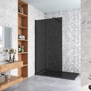 Inloopdouche met zwarte beschermfolie,140x200cm hoog,8mm EasyClean veiligheidsglas,Stabilisatiestang 70-120cm,mat zwart aluminium profiel.