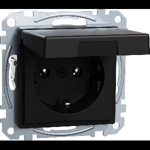 Wandcontactdoos met randaarde met klapdeksel, Steekklemmen, Gerecycled kunststof, Mat zwart, Systeem M