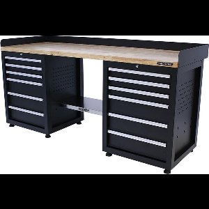 Kraftmeister werkbank 200 cm - Werktafel met 12 laden en eiken werkblad - Zwart