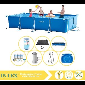 Intex Rectangular Frame Zwembad - Opzetzwembad - 450x220x84 cm - Inclusief Afdekzeil, Onderhoudspakket, Zwembadpomp, Filter, Solar Mat, Trap en Voetenbad