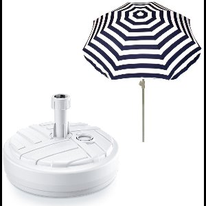 Tuin parasol met voet van 10 liter - blauw/wit strepen - polyester/kunststof - Dia 180 cm - verstelbaar - Voet plastic wit met D39 cm