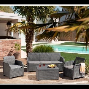 ALLIBERT by KETER - SanRemo Storage 5-zits tuinmeubilair - salontafel met kussenopbergruimte - imitatie gevlochten rotan - grijs