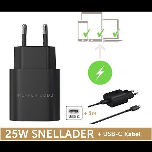 PEPPER JOBS Oplader USB C PD25W | Samsung Snellader 25W + 1m. kabel | Universeel | Zwart