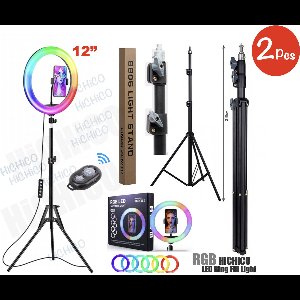 2Pcs Selfie LED Ring Lamp 33Cm Multicolour + Statief Camera 210 CM hoog Inclusief Bluetooth afstandsbediening en Telefoonhouder Selfie - lamp -Ringlamp - Statief - Tik tok - flitser – Make up light – Studiolamp – Ring Light van HiCHiCO