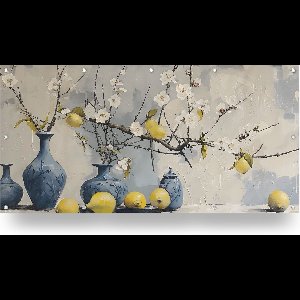 Kontoer design ® Artistieke tuinposter xxl met bloemen van 200x100 cm in een serene, Japanse stijl met bloesemtakken en citroenen in blauwe vazen; Tuinposter bloemen, Tuinschilderij bloemen, Tuindoek, Schuttingposter, Buitenposter, Tuinposter kunst