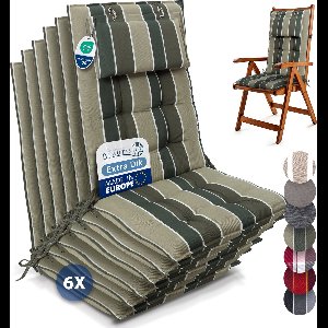 Beautissu Sun-HL – Set van 6 Premium Hoge Rugleuning Stoelkussen 120x50 cm – UV-bestendig – 8cm Dik – met Hoofdkussen & Bevestigingsbanden – Antislip – Groen Gestreept