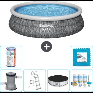 Bestway Rond Opblaasbaar Fast Set Zwembad - Rotanprint - 457 x 107 cm - Inclusief Pomp - Ladder Afdekzeil - Onderhoudspakket - Filter - Vloertegels
