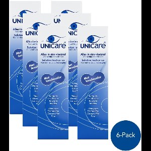 Unicare Alles-in-één Lenzenvloeistof - Voordeelverpakking 6 x 360 ml - Voor Zachte Contactlenzen - Reiniging - Desinfectie - Inclusief 6 Lenzendoosjes
