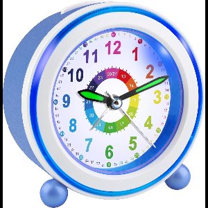 Famanu - Kinderwekker met nachtlampje en snooze, analoog, blauw, stil uurwerk