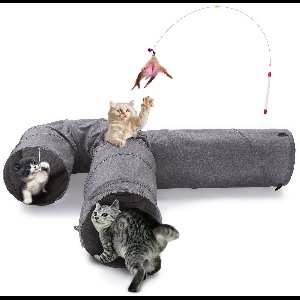 Kattentunnel, 3-Way Speeltunnel Kat met Bal en Speelhengel, Opvouwbare en Uitbreidbare Speeltunnel voor Kat, Puppy en Konijn, Grijs