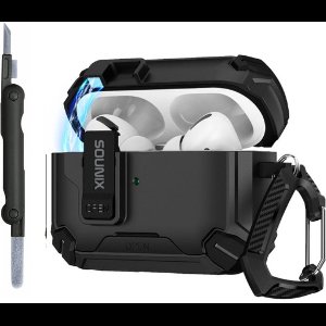 Sounix Hoesje geschikt voor Airpods Pro 1 / 2 - Met schoonmaak borstel - Airpods Pro Hoesje - Armor Case met Lock - Zwart
