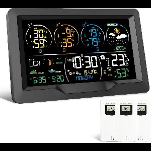 Weerstation met 3 buitensensoren draadloos radiogestuurde klok kleurendisplay weervoorspelling thermometer voor binnen en buiten hygrometer luchtdruk zonsopgang/ondergang getijden maanfase