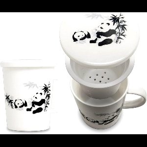 Japanse Theebeker met Filter 400ml - Porselein - 2-in-1 Set - Vogel Motief - Grote Theemok - Theeglas - Geschikt voor Magnetron en Vaatwasser