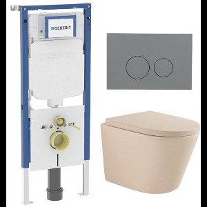 QeramiQ Dely Toiletset - 36.3x51.7cm - diepspoel - rimless - Geberit UP720 inbouwreservoir - softclose toilet zitting 35 mm - bedieningsplaat licht grijs - ronde knoppen - mat beige