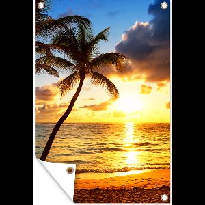 Tuinposters buiten Strand - Horizon - Zonsondergang - Palmboom - Zee - 60x90 cm - Tuindoek - Buitenposter