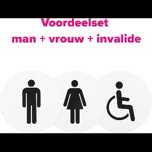 Wc bordjes – Voordeelset van 3 - Man - Vrouw – Gehandicapt - Rond – Wit met Zwart – 10 x 10 cm - Toilet bordje – Deurbord – Zelfklevend