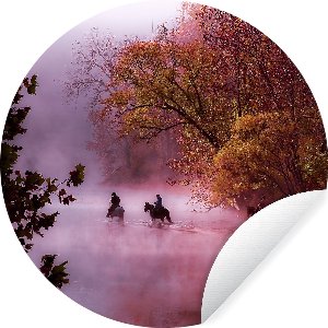 WallCircle - Muurstickers - Behangcirkel - Paarden - Mist - Bos - ⌀ 140 cm - Muurcirkel - Zelfklevend - Ronde Behangsticker