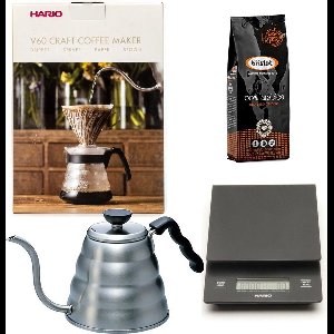 Hario V60 slow coffee kit + Hario V60 Weegschaal + Hario V60 Waterketel 1.2 liter + Bristot Diamante 100% Arabica gemalen koffie