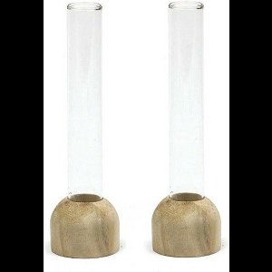 Ideas4Seasons Stekvaasje/bloemenvaasje reageerbuis model - 2x - D2 x H15 cm - op voet van hout