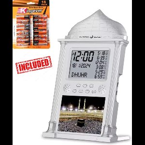 Yarvu ® Azan Klok + 16 AA Batterijen Meegeleverd - 34*21 CM - Moslim - Islam - Gebedsklok - Gebed - Adhan - Ramadan Decoratie - Adan Alarm - Zilver