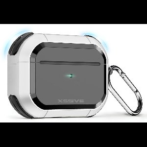 Xssive Hardcase - Geschikt voor Apple AirPods Pro 1 & 2 Hoesje – Schokbestendig & Met Sleutelhanger – Zwart met Wit Bumper