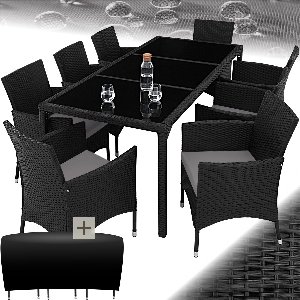 tectake® - elegante outdoor tuinmeubelset - wicker zitgroep met fauteuil en tafel voor 8 personen, inclusief beschermhoes en kussens, weerbestendig balkonmeubilair - zwart/grijs - poly-rattan