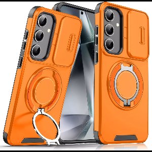 Armor Tough [360° draaibare ringstandaard] [compatibel met Magsafe] Hoesje Geschikt voor: Samsung Galaxy S25 - Ingebouwde dia camera cover - Hybrid - Oranje