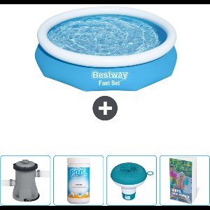 Bestway Rond Opblaasbaar Fast Set Zwembad - 305 x 66 cm - Blauw - Inclusief Pomp Chloor - Chloordrijver - Zwembadgids