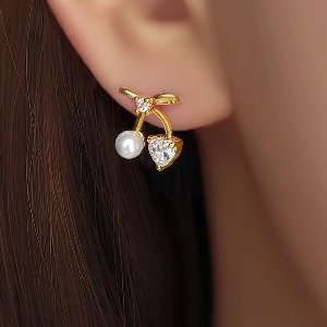 Selevie Oorbellen Zilver Strikje/Kers met Zirkonia en Parel - Sterling Silver - Bow - Cherry