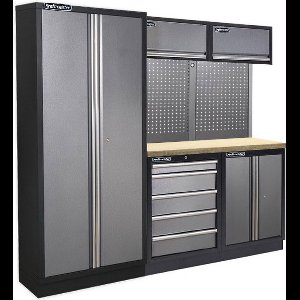 Kraftmeister werkplaatsinrichting - Werkbank met 2 wandkasten, 1 werkplaatskast, 1 opbergkast en multiplex werkblad - Werktafel met 5 laden en gereedschapswand - Complete set voor werkplaats of garage - Grijs