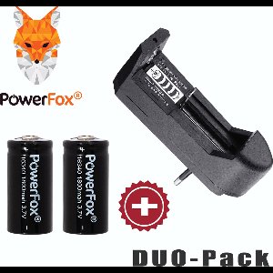 PowerFox® 2x 16340 Lithium batterij 3,7V 1800mAh + OPLADER (Geschikt voor 18650, 16340, 14500, 10440, 14500) batterijen.