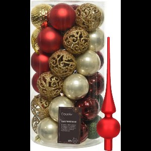 Kunststof kerstballen 37x st - rood/goud/parel/groen - 6 cm - met glazen piek rood