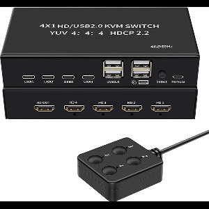 NÖRDIC KVM Switch - 4 PC’s naar 1 HDMI Monitor - 4K@60Hz & USB-C - Geschikt voor PC - USB & Draadloos