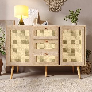 Amalee - Dressoir - Rotan - Massief Hout - Met lades - 2 Deurs - Met voet - 120 x 82 x 40 cm - Kleur Eiken - Woonkamer - Slaapkamer