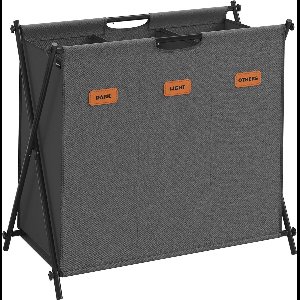 FurnStar - Wasmand - wasverzamelaar - 135 liter - wasbox - 3 vakken - inklapbaar X-frame - individuele etiketten - voor bijkeuken - slaapkamer - badkamer - 70 x 40 x 66 cm - grijs