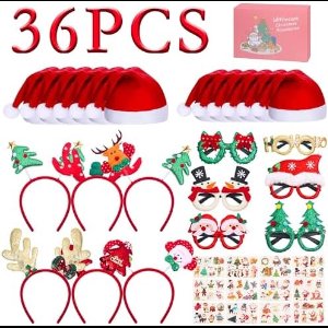 Kerstaccessoires set, 36 delg, 6 haarbanden, 6 kerstbrillen, 12 kerstmutsen, 12 tatoeages in geschenkdoos