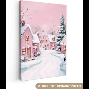 Canvas schilderij 80x120 cm - Wanddecoratie Kerstdorp - Roze - Winter - Sneeuw - Huizen - Muurdecoratie woonkamer - Slaapkamer decoratie - Kamer accessoires - Schilderijen op canvas - Kerstdecoratie voor binnen - Kerstversiering - Kerstmis versiering