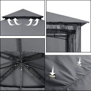 NoaHome Luxe Tuinpaviljoen 3x3.6m – Waterdicht Vrijstaand Paviljoen met Dubbel Dak & Muggennet – Stevig Staal Frame, UV-Bescherming, Windbestendig, Voor Tuin, Terras & Feesten – Donkergrijs