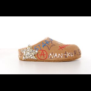 NAN-KU dames slipper suede naturel, bedrukt en met strass