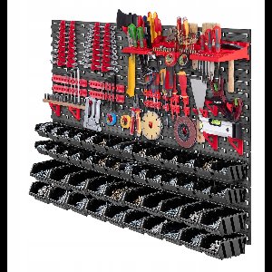 KADAX Werkplaatswandrek, 116 x 78 cm, opslagsysteem van robuust kunststof, uv-bestendig werkplaatsrek, uitbreidbare wandplaten, opbergrek voor garage, rood en zwart, 89 stuks