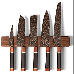 Japanse 5-Delige Messenset van 37 Lagen Zwart Damascusstaal met Koper – Vlijmscherp & Duurzaam – Handvat in Ebbenhout en Burl Knurl – Geschenkverpakking – KAAMUT®