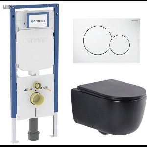 QeramiQ Dely Swirl Toiletset - 36.5x53cm - Geberit UP720 Duofix Sigma inbouwreservoir - slim zitting - witte sigma bedieningsplaat - ronde knoppen - mat zwart