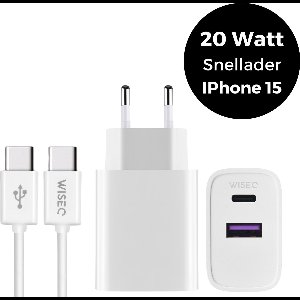 WiseQ USB C Adapter Geschikt Voor iPhone 15, iPhone 16 en iPhone 17- Inclusief 1 Meter USB C naar USB C Oplaadkabel - Geschikt voor zowel Apple & Samsung - Wit - Gecertificeerd - Dual Charge Snellader
