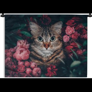 Wandkleed - Wanddoek - Kat - Bloemen - Bladeren - Botanisch - 90x67.5 cm - Wandtapijt