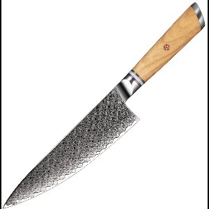 Dastium Home - 67-Laags Damascus Staal Koksmes 20CM - Damaststaal Keukenmes - Japans Mes van Echt Damascus Staal - Met Ergonomisch Olijfhout en Wit Harsen Handvat