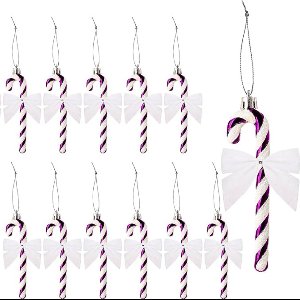 Zuurstokversiering - Kerstboomversieringen - Zuurstokstrikken - Kersthangers met Koord - Kerstversiering - Kerstboomversiering - Ornamentenversiering - Lila - Pakket van 12