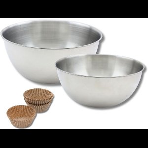 Set bestaande uit 40 Zenker muffinvormpjes, 2 Fackelmann roestvrijstalen mengkommen