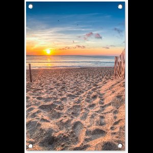 Tuinposter 40x60 cm - Tuindecoratie Duinen - Zonsondergang - Strand - Zee - Horizon - Poster voor in de tuin - Buiten decoratie - Schutting tuinschilderij - Tuindoek muurdecoratie - Wanddecoratie balkondoek