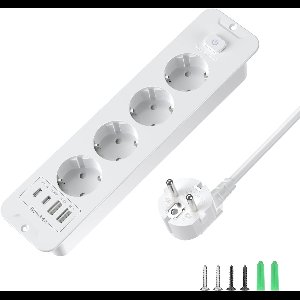 StayPowered Inbouw Stekkerdoos - Compact & Krachtig Opladen - 4 Stopcontacten - 2 USB + 2 USB-C Poorten - Snelle Oplaadfunctie - Vlamvertragend Materiaal - 2m Kabel - Vier Individuele Schakelaars - Wit - Levering Sneller dan Aangegeven!